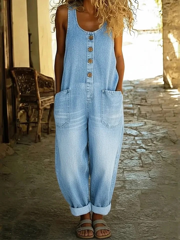 Grace - Retro Washed Denim Jumpsuit