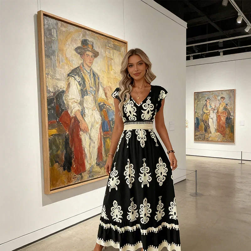 Candela | Long Baroque Dress with V Neckline