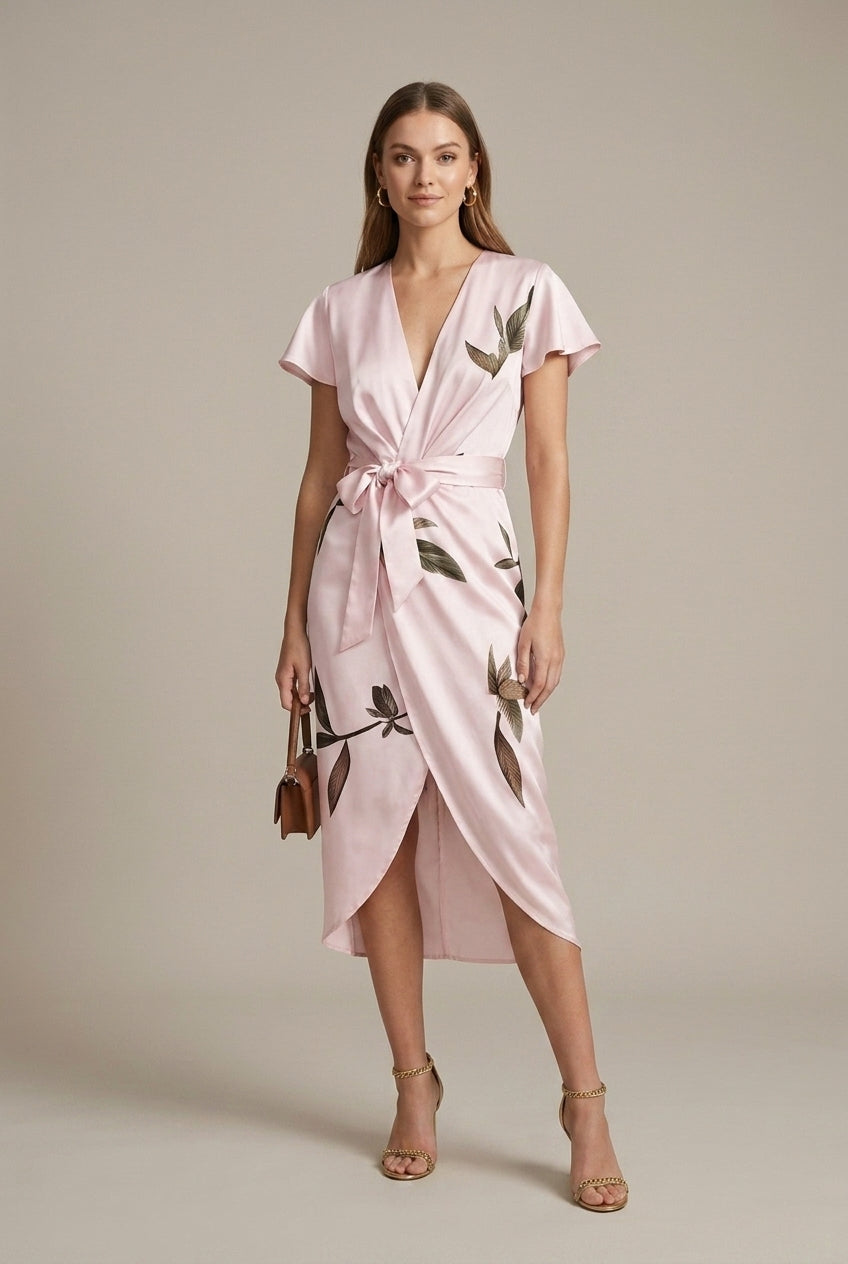 Stanislava | Leaf Pattern Shiny Wrap Midi Dress