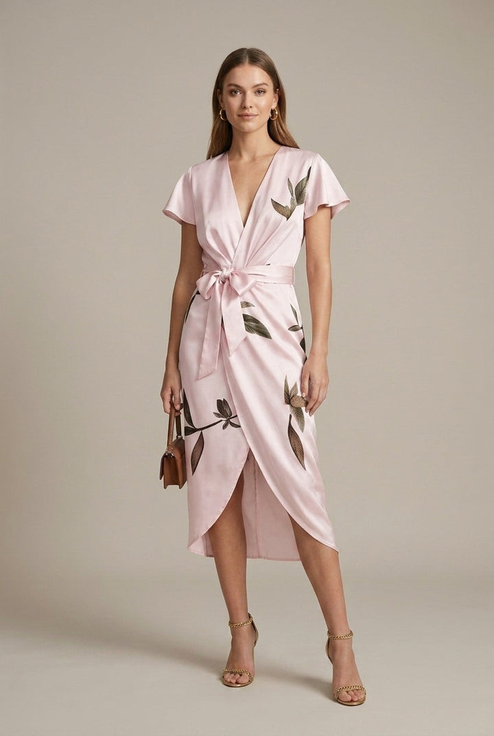 Stanislava | Leaf Pattern Shiny Wrap Midi Dress