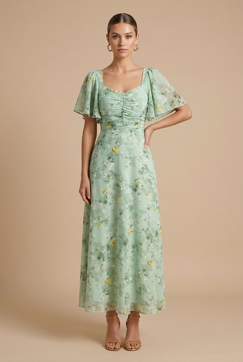 Rebeka | Floral Maxi Dress Featuring Square Neckline and Ruffled Sleeves