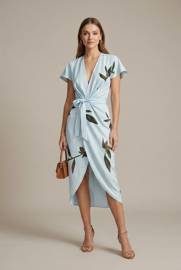 Stanislava | Leaf Pattern Shiny Wrap Midi Dress