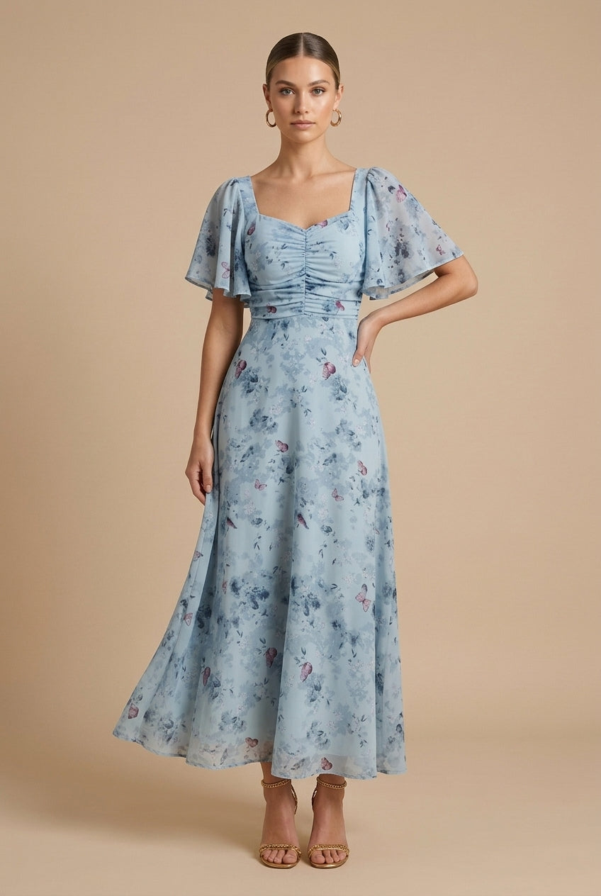 Rebeka | Floral Maxi Dress Featuring Square Neckline and Ruffled Sleeves