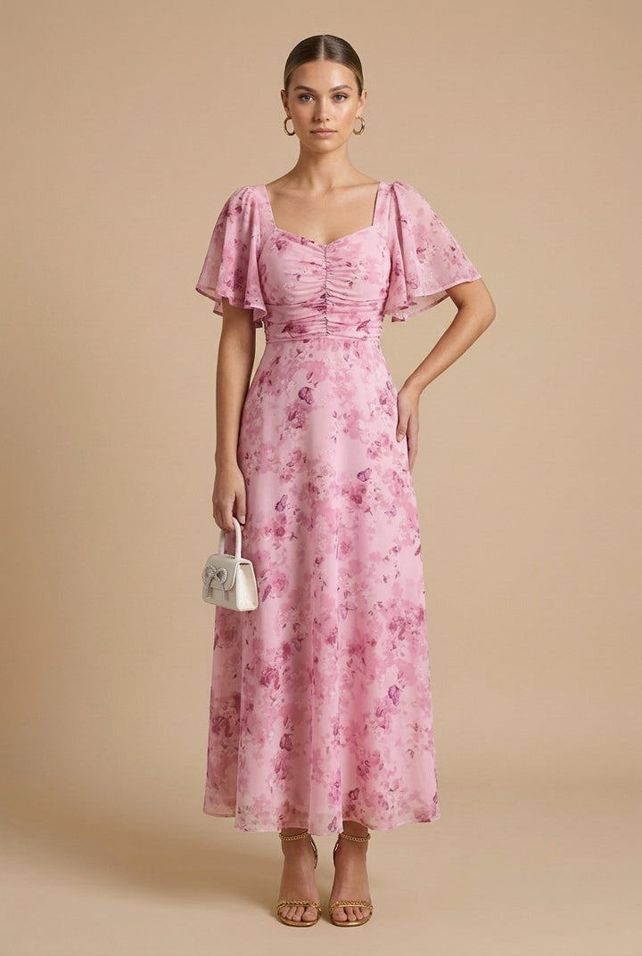 Rebeka | Floral Maxi Dress Featuring Square Neckline and Ruffled Sleeves