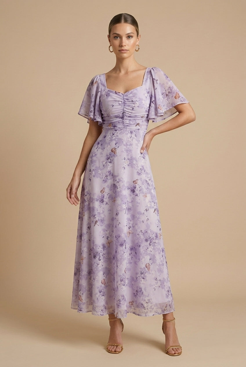 Rebeka | Floral Maxi Dress Featuring Square Neckline and Ruffled Sleeves