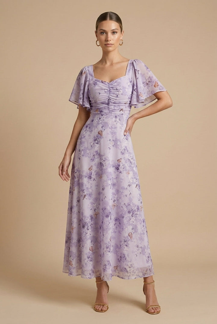 Rebeka | Floral Maxi Dress Featuring Square Neckline and Ruffled Sleeves