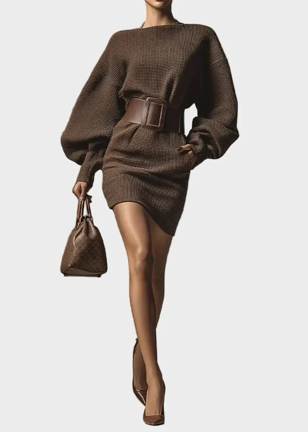 Vasia - Mocha Knit Dress Featuring a Flattering Silhouette