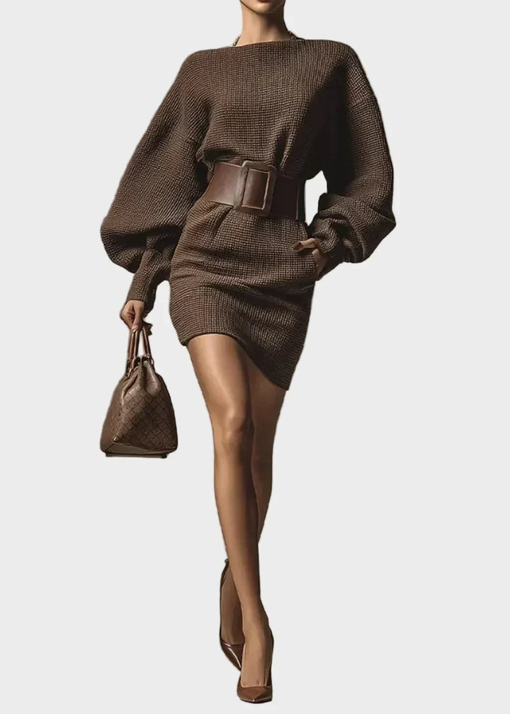 Vasia - Mocha Knit Dress Featuring a Flattering Silhouette