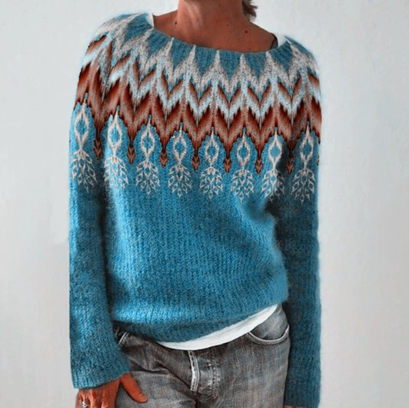 Patterned Knitted Sweater in Warm and Cool Hues